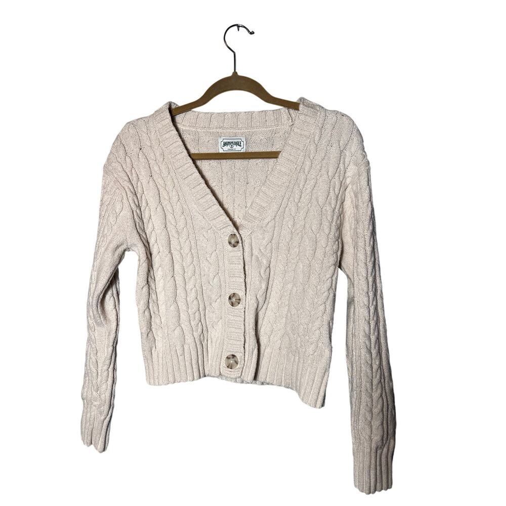 American Eagle Cable Knit Fisherman Cropped Y2K Cream Button Cardigan Sz Small - Picture 2 of 9